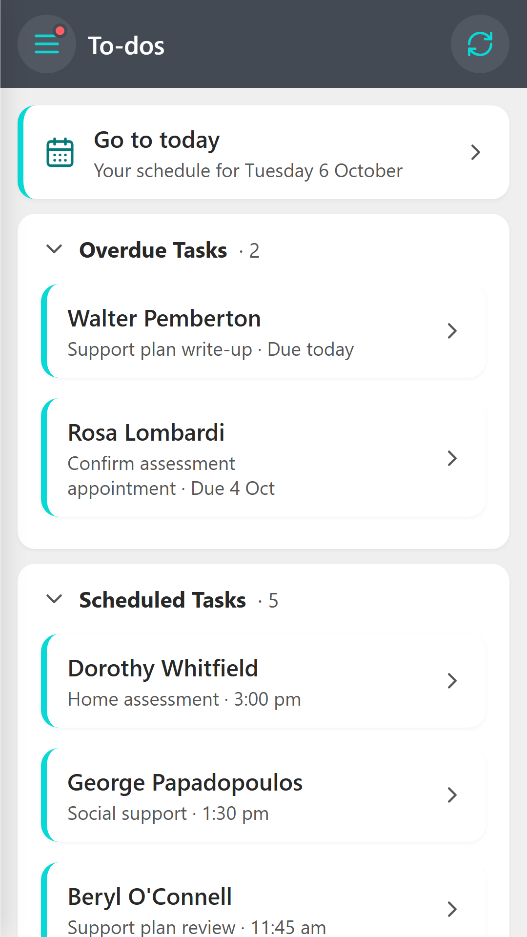 To-dos screen listing today's appointments and overdue tasks