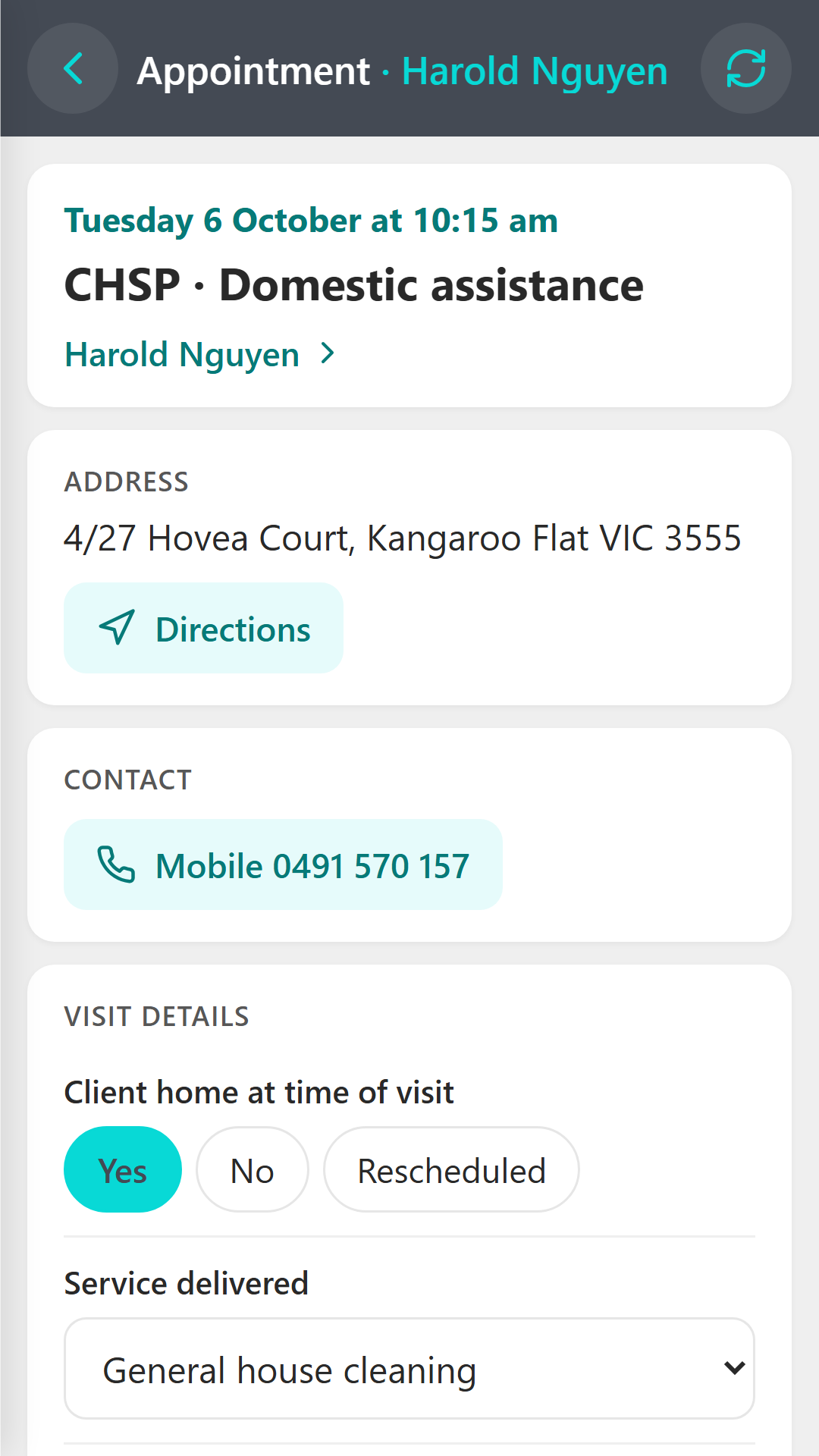 Appointment screen with client, address and visit details