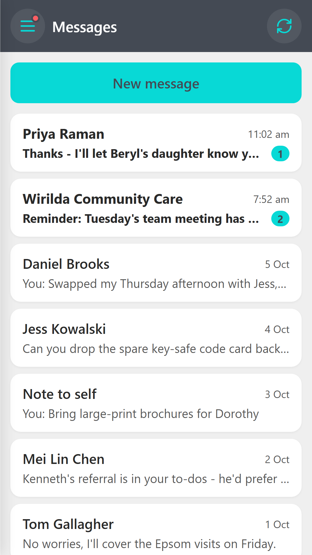 Messages screen with conversations
